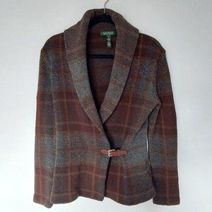 Lauren Ralph Lauren Brown and Gray Plaid Shawl Collar Cardigan
